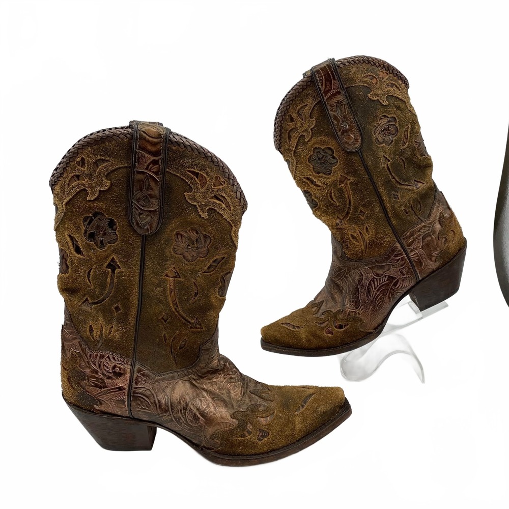 Dan Post Heeled Boots Western Floral | Women's 9 | Brown Leather